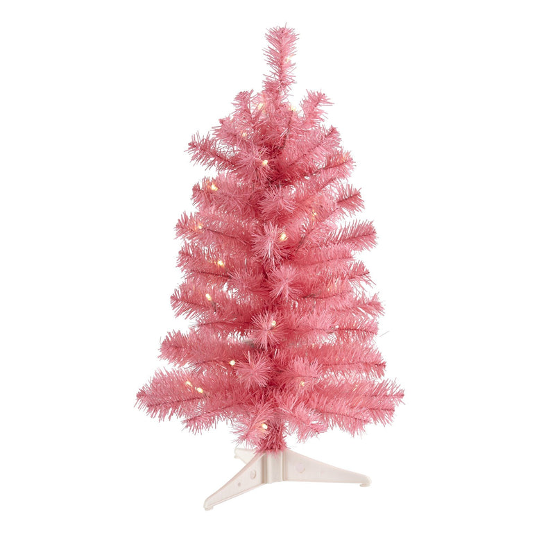 Pre-lit pink artificial tabletop Christmas tree with warm white lights and plastic stand for holiday decor