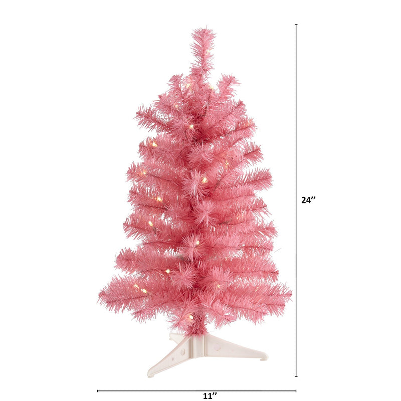 24-inch pink pre-lit artificial tabletop Christmas tree with warm white lights and white plastic stand