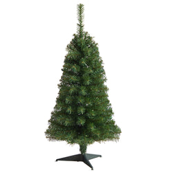 Slim artificial green Christmas tree with dense PVC needles on a black tripod stand — space-saving holiday decoration for small rooms and apartments