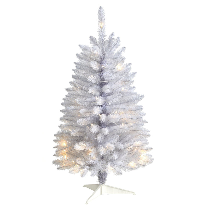 Pre-lit white artificial Christmas tree with warm white LED lights, slim pencil profile on a foldable white stand