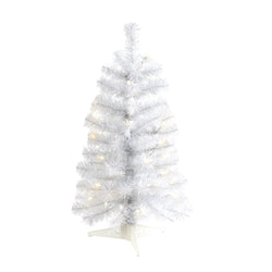 Pre-lit white artificial Christmas tree with warm white LED lights on plastic stand, small tabletop holiday decoration