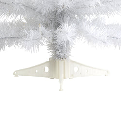 Close-up of white artificial Christmas tree branches and plastic tree stand on white background