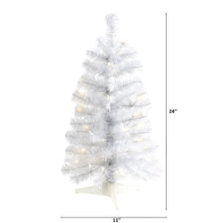 24-inch pre-lit white artificial Christmas tree with warm white LED lights, tabletop slim 11-inch base mini holiday décor
