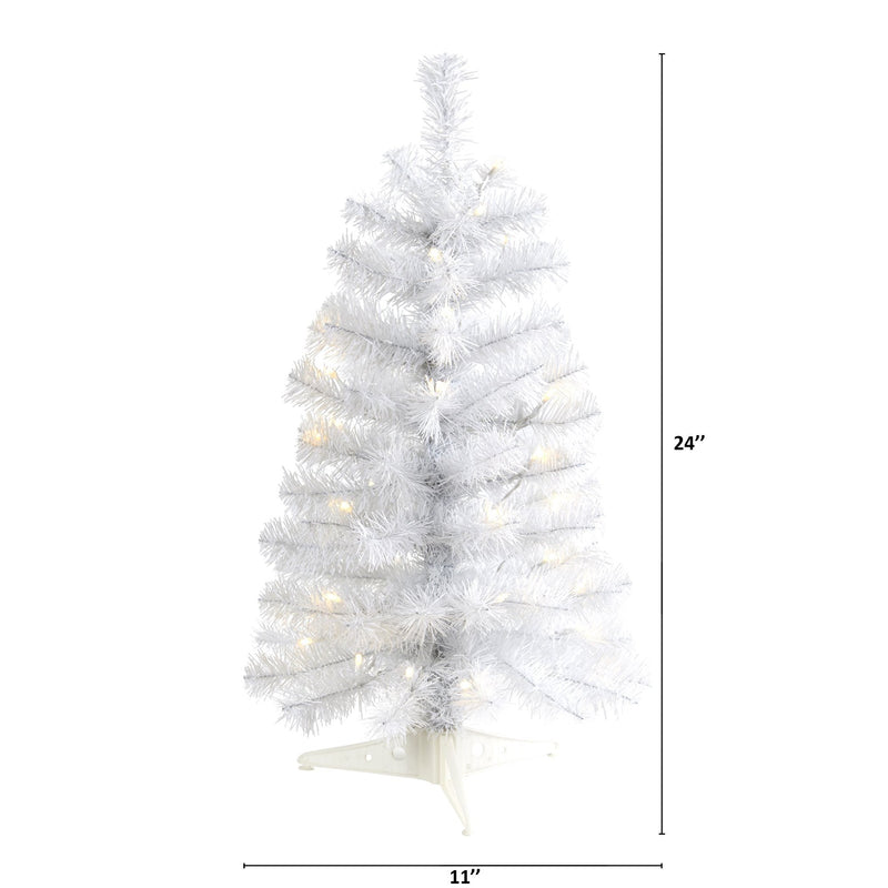24-inch pre-lit white artificial Christmas tree with warm white LED lights, tabletop slim 11-inch base mini holiday décor