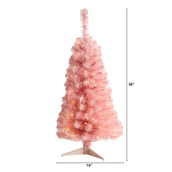 36-inch pink artificial pre-lit Christmas tree with warm white LED lights, slim tabletop 14-inch base, fluffy branches ideal for small-space holiday decor
