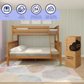 Wooden bunk bed in a children's bedroom with a mattress-in-a-box (Twin XL) labeled "Better sleep begins here," pastel watercolor rug, striped wallpaper, and unpacking icons