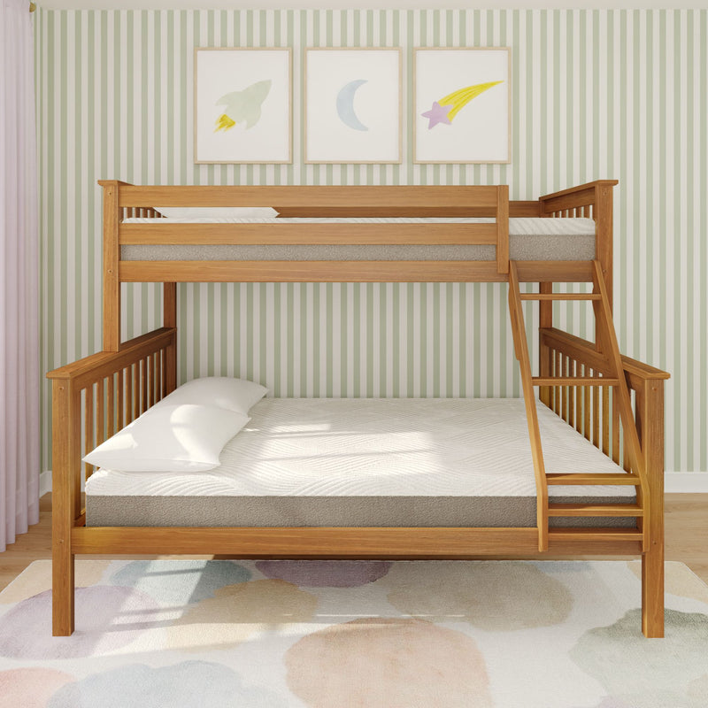 Wooden bunk bed in a children's room with striped wallpaper and colorful artwork, featuring a twin-over-full setup for space-saving functionality.