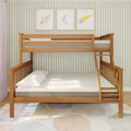 Solid wood twin-over-full bunk bed with side ladder, white bedding and pillow in a children's bedroom with green striped wallpaper, framed space-themed prints and pastel area rug