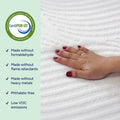 CertiPUR-US certified non-toxic mattress topper with hand pressing white quilted cover, labeled phthalate-free, low VOC emissions, made without formaldehyde, flame retardants or heavy metals