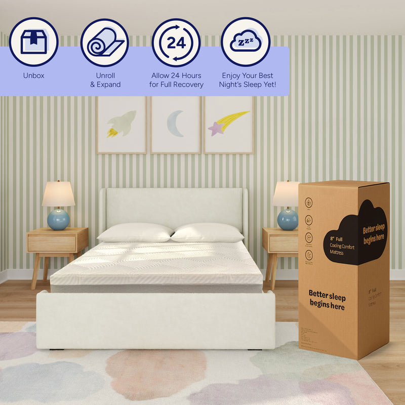 Cooling full-size mattress-in-a-box beside an upholstered bed in a pastel bedroom with nightstands and lamps, packaging reads "Better sleep begins here