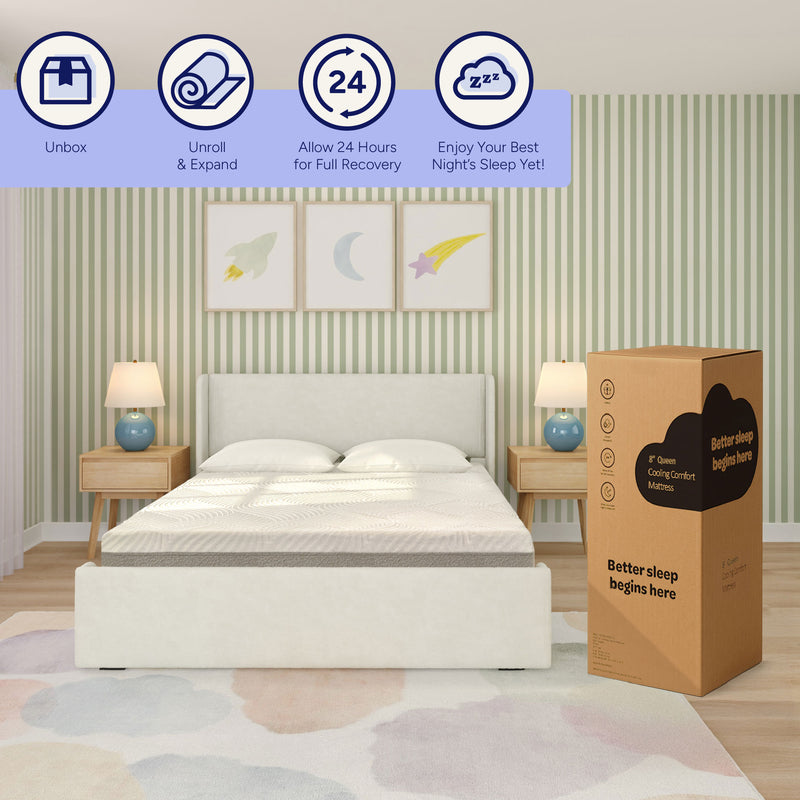 8-inch queen cooling comfort mattress-in-a-box standing beside a modern upholstered bed in a pastel striped bedroom — styled unboxing scene promoting better sleep and cooling mattress