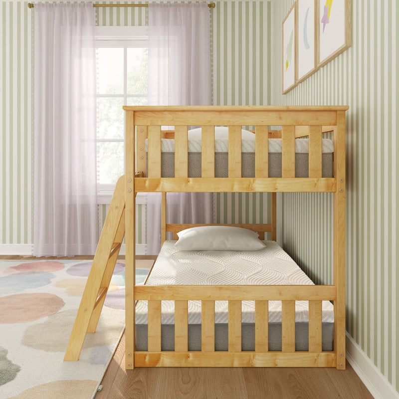 Natural pine twin-over-twin wooden bunk bed with ladder in bright kids bedroom, striped green wallpaper, sheer curtains, and pastel circle rug