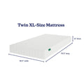 Twin XL mattress with white quilted cover, low-profile 8-inch thickness, dimensions 38.5 in wide x 79.5 in long, ideal Twin XL mattress dimensions for beds and dorm rooms