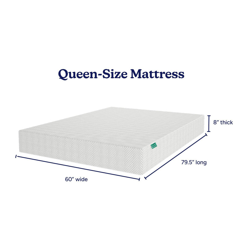 Queen size mattress 60 in x 79.5 in x 8 in, white textured cover, labeled dimensions showing 60 in wide, 79.5 in long and 8 in thick
