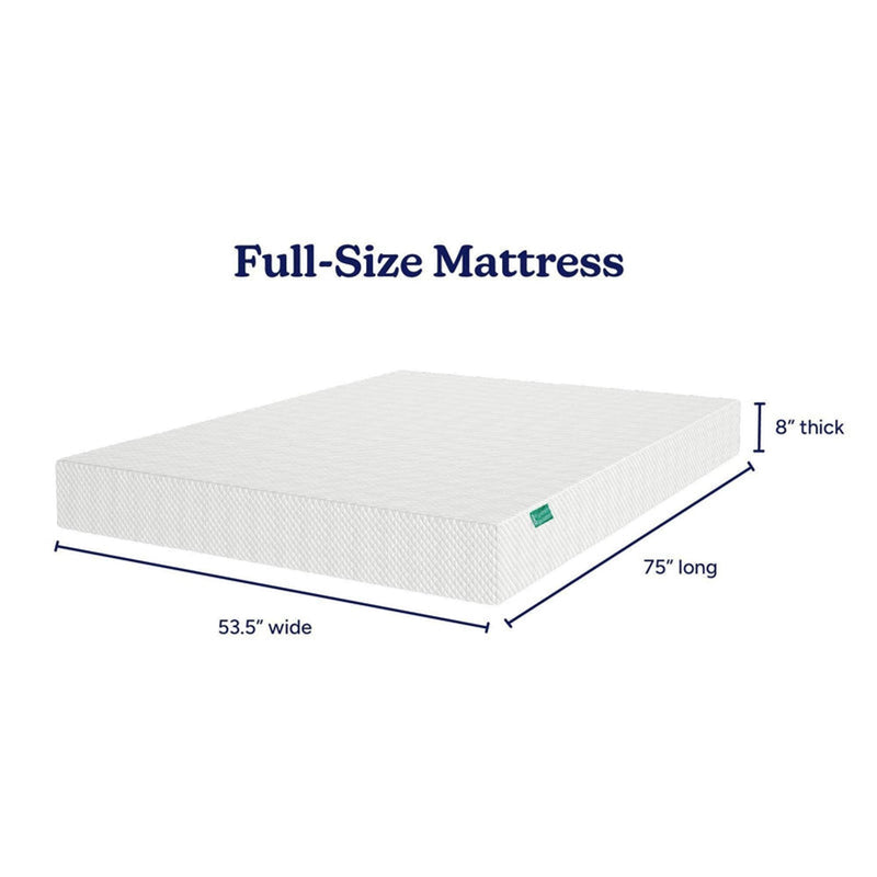 Full-size mattress 53.5 in wide x 75 in long x 8 in thick, white mattress with product dimensions