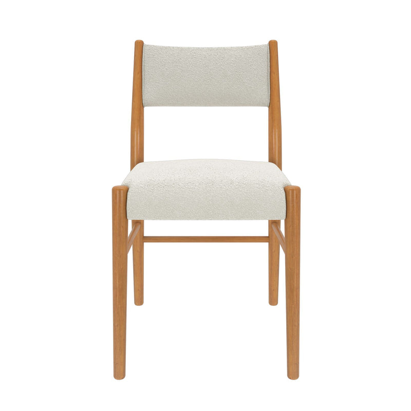 Mid-century modern dining chair with natural wood frame and cream textured upholstered seat and back, front view on white background