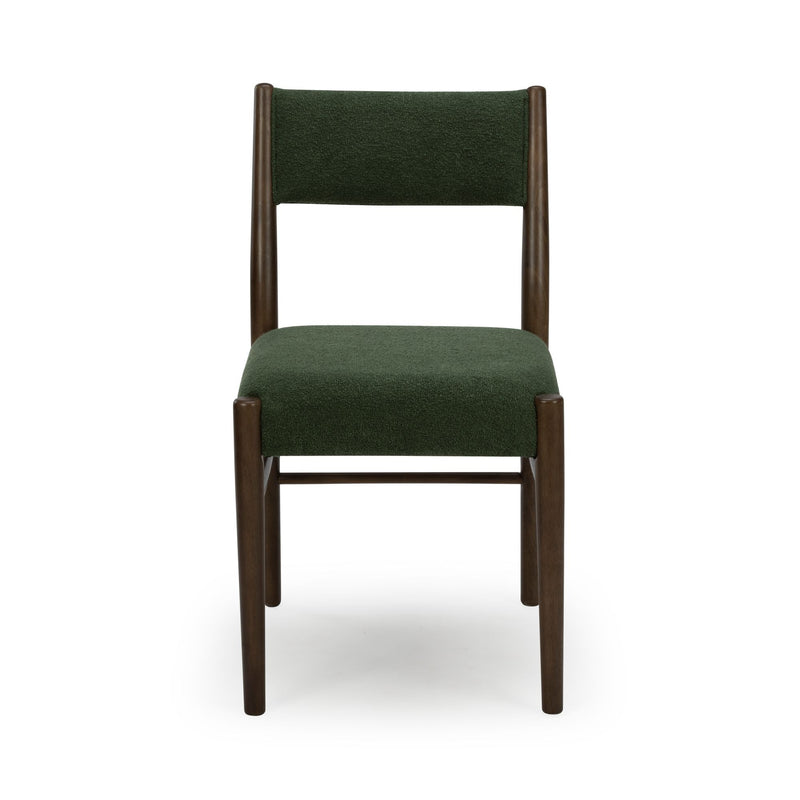 Front view of green upholstered dining chair with dark walnut wood frame on white background, mid-century modern style
