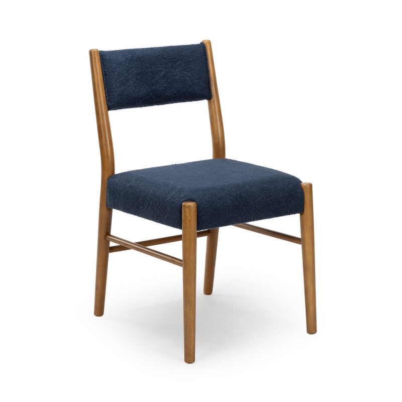 Mid-century modern dining chair with navy boucle upholstered seat and back and warm oak frame, photo on white background