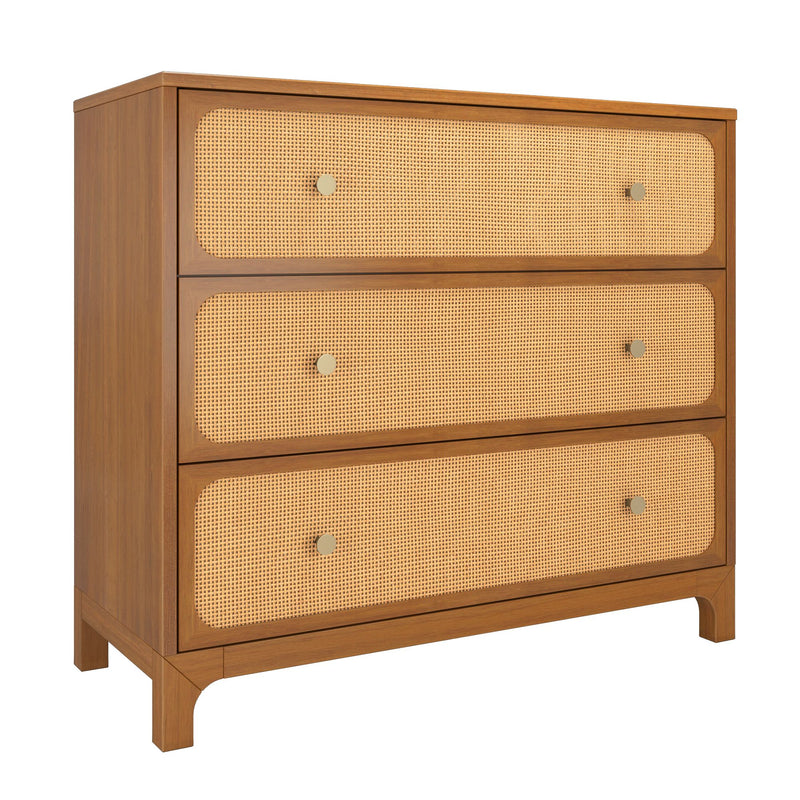 Mid-century modern three-drawer wooden dresser with woven rattan cane drawer fronts and round brass knobs in warm teak finish