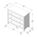 Three-drawer wooden dresser dimension diagram for product listing, showing overall 37″ (95 cm) length x 16″ (40 cm) depth x 34″ (85 cm) height, drawer width 33″ (87 cm) with annotated leg, toe-kick and clearance measurements — 3-drawer chest of drawers dimensions and measurements.