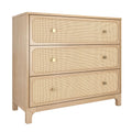 Rattan cane three-drawer dresser in light natural wood with brass knobs, boho mid-century modern bedroom storage chest