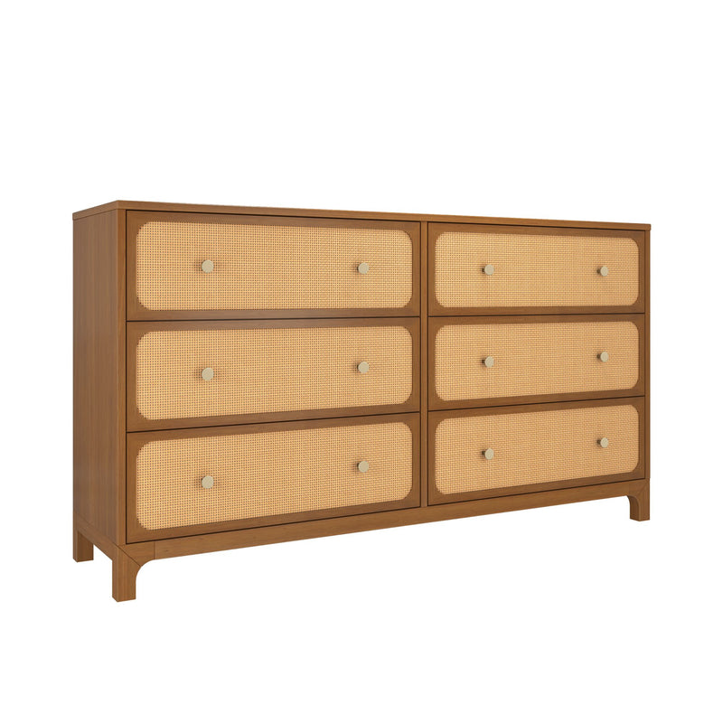Mid-century modern six-drawer wooden dresser with natural rattan (cane) drawer fronts and brass knobs, honey oak bedroom storage