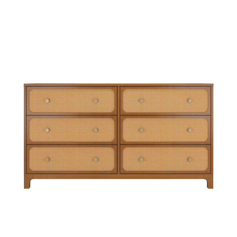Mid-century modern six-drawer wooden dresser chest with woven rattan cane drawer fronts, round brass knobs and natural oak finish, bedroom storage furniture