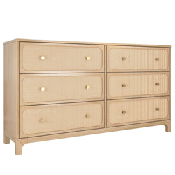 Light oak 6-drawer dresser with woven cane rattan drawer fronts and brass knobs, mid-century modern bedroom storage