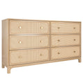 Six-drawer light wood dresser with woven rattan cane drawer fronts and brass knobs, modern coastal bedroom furniture
