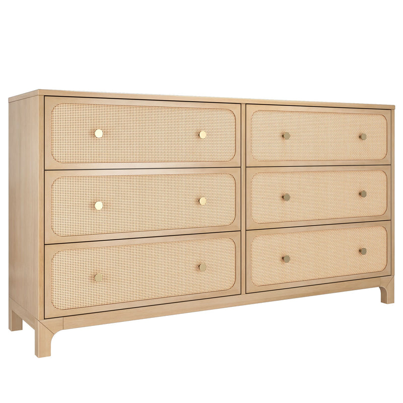 Six-drawer light wood dresser with woven rattan cane drawer fronts and brass knobs, modern coastal bedroom furniture