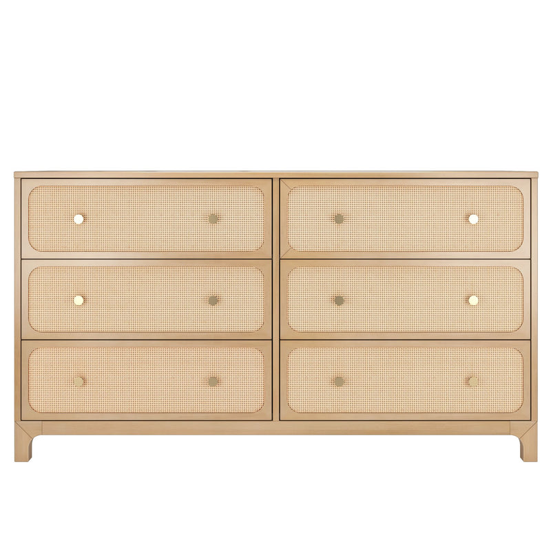 Light wood six-drawer dresser with woven rattan cane drawer fronts and brass knobs — mid-century modern boho bedroom storage chest