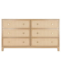 Natural light wood six-drawer rattan dresser with woven cane-front drawers and round knobs, mid-century modern bedroom storage