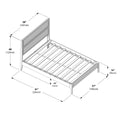 Isometric assembly diagram of a slatted platform bed frame with upholstered headboard showing dimensions: 81″ (206 cm) length, 57″ (145 cm) width, headboard 48″ (123 cm) high (top width 58″/147 cm), footboard 16″ (40 cm) high and 10″ (24 cm) clearance — product measurement illustration.