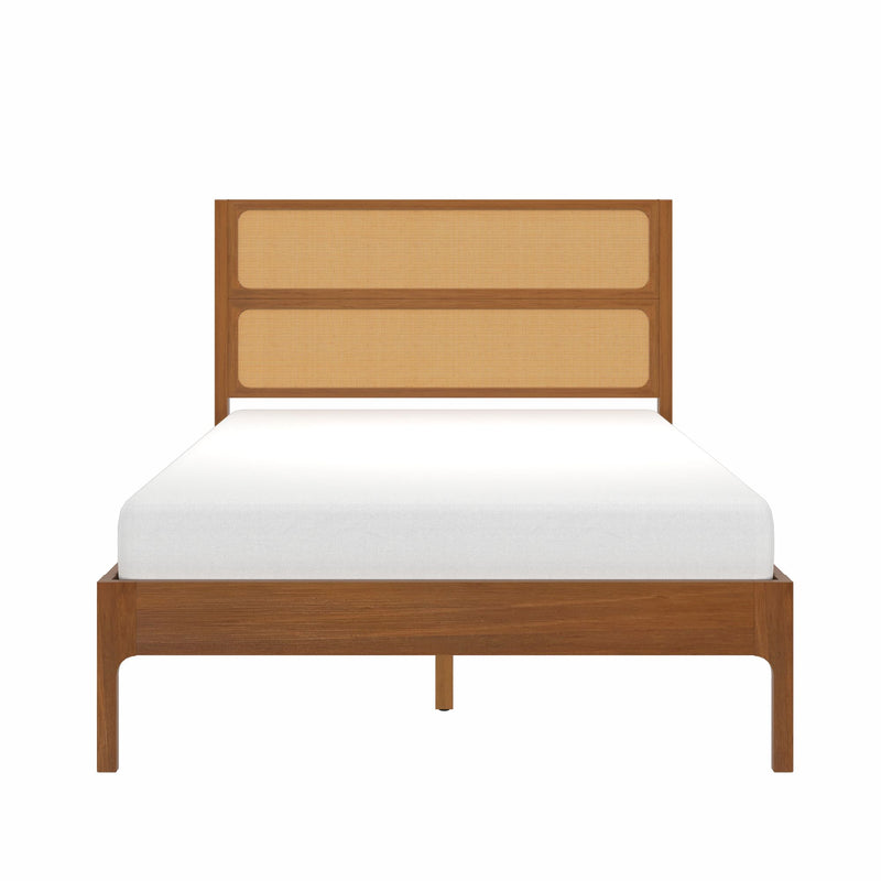 Mid-century modern wood platform bed with woven rattan cane headboard and white mattress in warm walnut finish, minimalist bedroom furniture