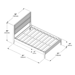 Slatted bed frame dimensions diagram showing headboard and platform measurements: overall length 81" (206 cm), headboard width 58" (147 cm), headboard height 48" (122 cm), frame width 57" (145 cm), footboard height 16" (40 cm), under-frame clearance 9" (24 cm)