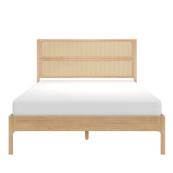 Minimalist light wood platform bed with woven cane rattan headboard and white mattress, modern Scandinavian bedroom furniture