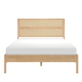 Natural oak platform bed with woven cane headboard, minimalist mid-century modern wooden bed frame with white mattress