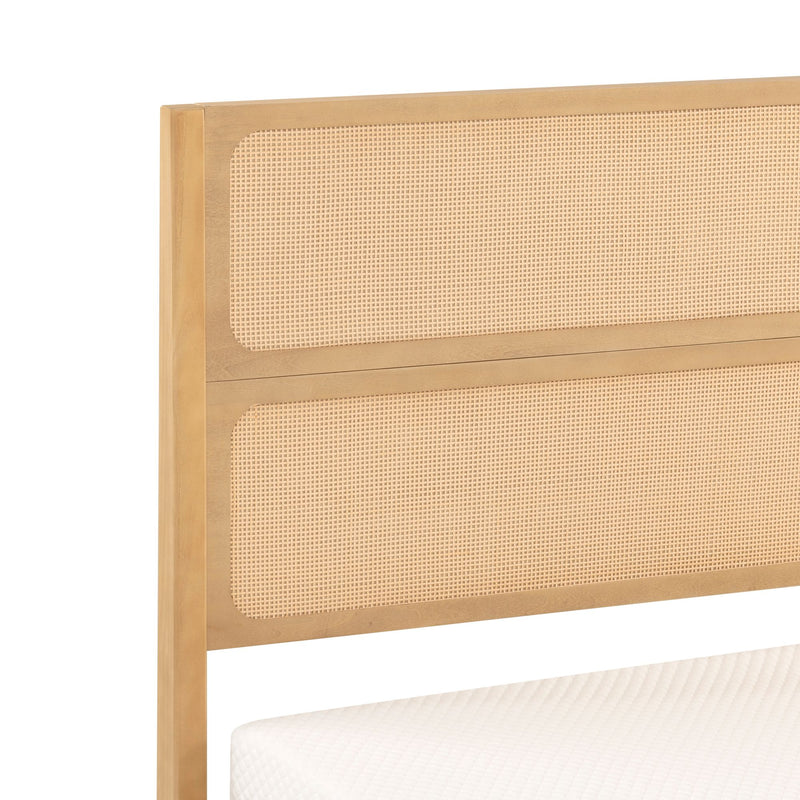 Natural light wood headboard with woven cane rattan panel, mid-century modern bed headboard detail and mattress edge on white background