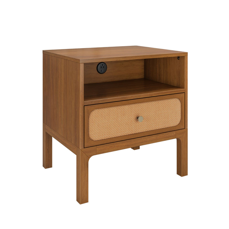Walnut mid-century modern wooden bedside table nightstand with cane rattan drawer front, open shelf and built-in power outlet