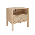 Light wood nightstand with rattan cane-front drawer, open shelf and built-in power outlet — mid-century modern bedside table