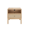 Scandinavian light wood nightstand bedside table with cane rattan drawer front, open shelf and built-in round power outlet