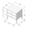 Isometric measurement diagram of a two-drawer nightstand bedside table with knob pulls and four legs, showing dimensions 24 in (62 cm) deep × 20 in (48 cm) wide × 25 in (65 cm) high and drawer heights 7 in (17 cm) and 8 in (21 cm).
