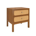 Mid-century modern walnut nightstand with two rattan cane-front drawers and brass knobs