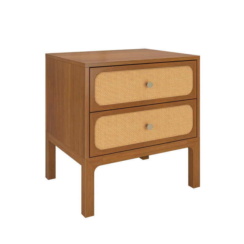 Mid-century modern walnut nightstand with two rattan cane-front drawers and brass knobs