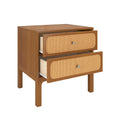 Mid-century modern wooden nightstand two-drawer bedside table with woven rattan drawer fronts, warm walnut-tone finish and round metal knobs