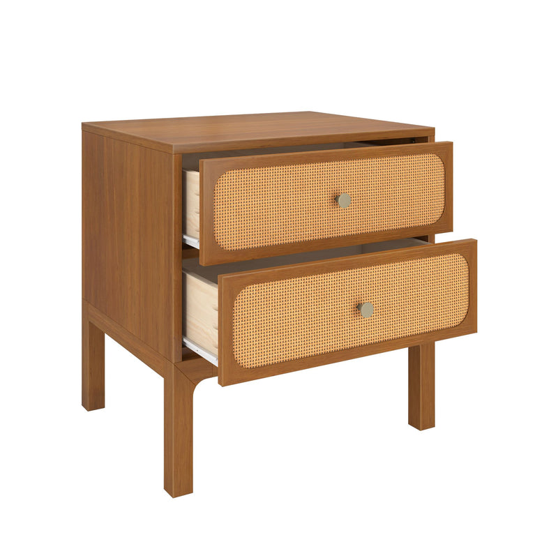 Mid-century modern wooden nightstand two-drawer bedside table with woven rattan drawer fronts, warm walnut-tone finish and round metal knobs