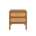 Mid-century modern two-drawer walnut nightstand with woven rattan (cane) drawer fronts and round brass knobs, bedside table