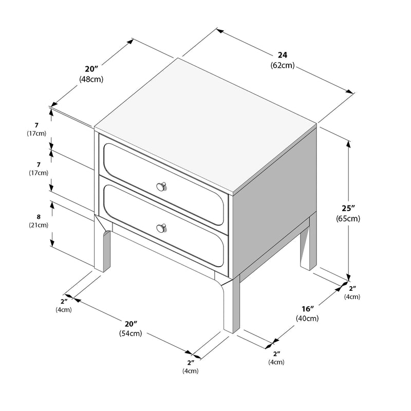 Dimension diagram of a two-drawer nightstand bedside table with raised legs and rounded drawer fronts, dimensions 24 in W x 20 in D x 25 in H (62 x 48 x 65 cm)