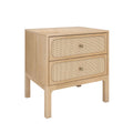 Light wood mid-century modern nightstand bedside table with two drawers, woven rattan cane fronts and brass knobs