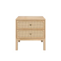 Light oak two-drawer nightstand with natural rattan cane drawer fronts and round brass knobs — mid-century modern bedside table for bedroom storage